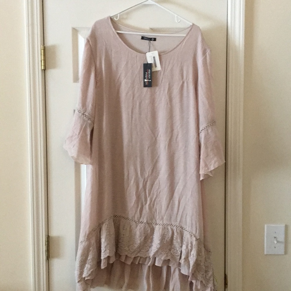 Taupe shift dress with beautiful trim